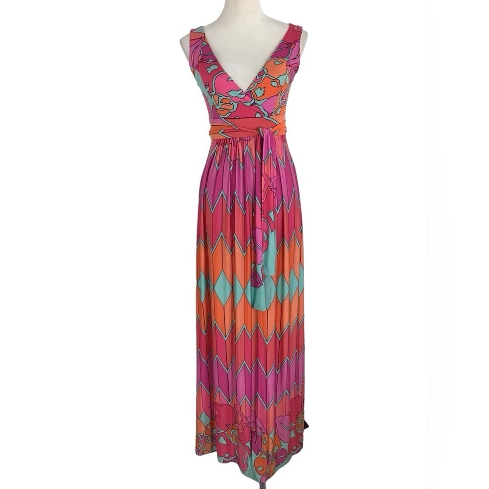 Olian Geometric Colorful Pattern Sleeveless V Neck Maxi Dress Size Medium